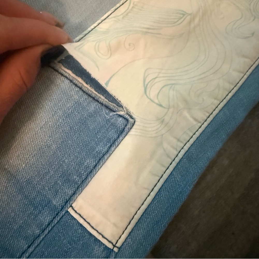 True Religion Light Blue Patchwork Flare Jeans with Cream Floral Details - Picture 7 of 13